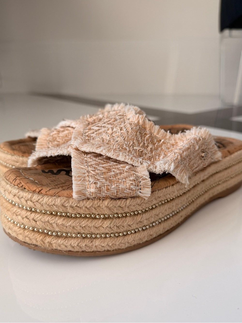 Sam Edelman Beige Woven Platform Slide Sandals